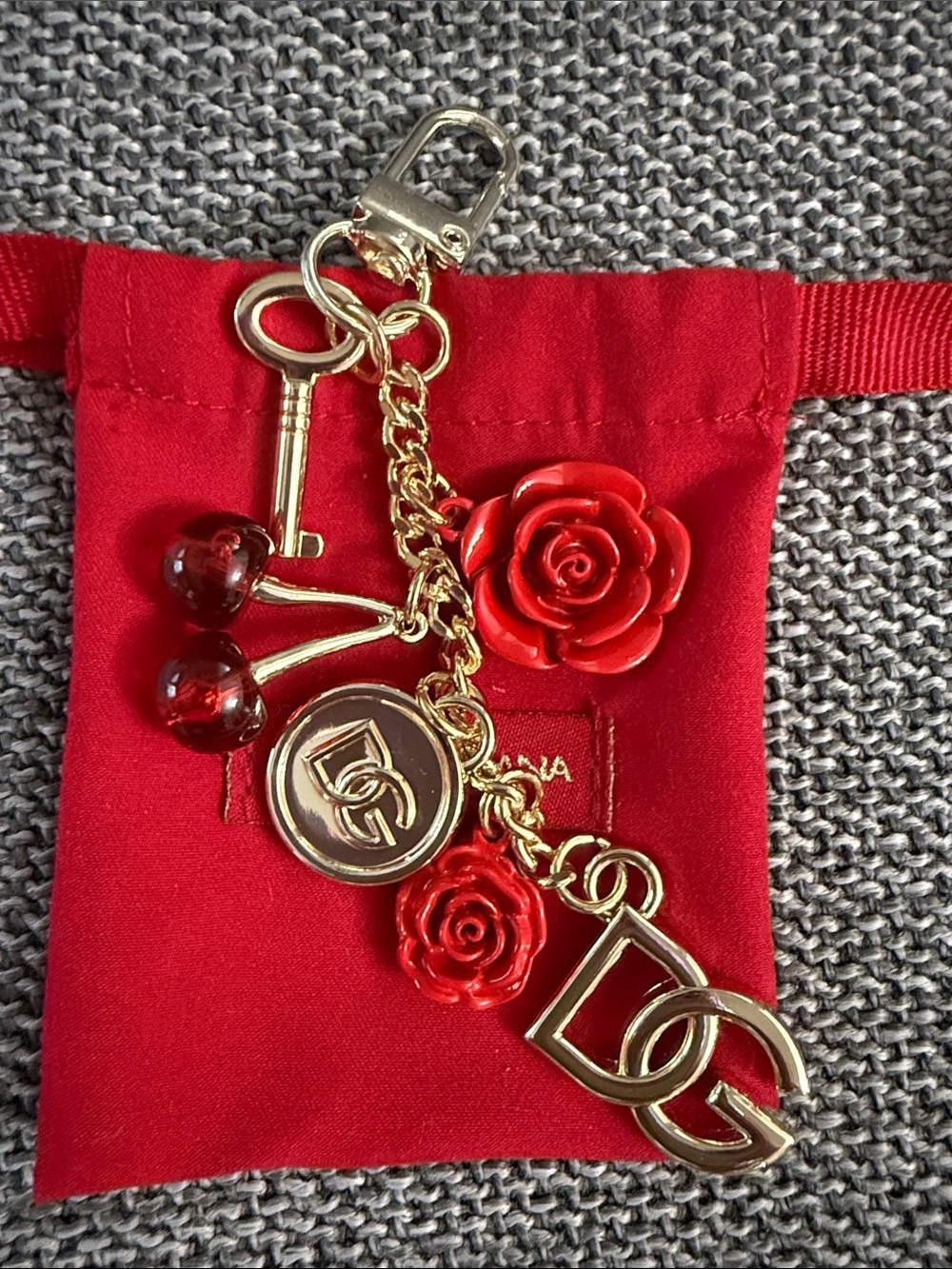 Dolce & Gabbana Golden Red Rose & Cherry Charm Keyring Key Chain New